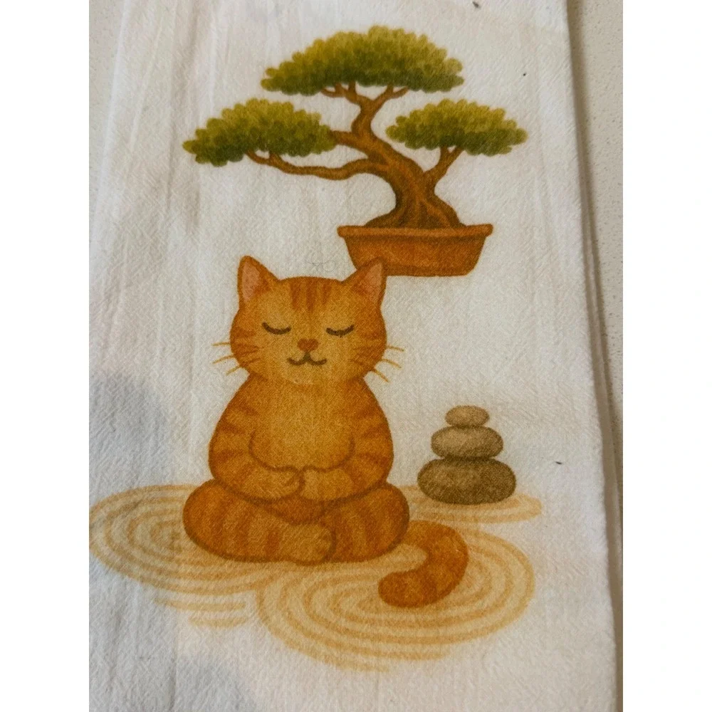 Gotham Gifts Zen Cat Bonsai Tea Towel Set of 2 Yellow & Grey Meditating Cats NEW